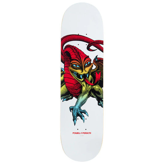 Skateboard deck with a colorful dragon design on a white background