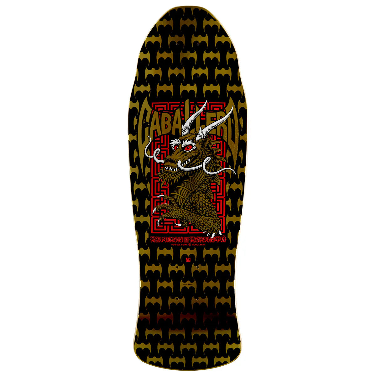A skateboard deck featuring a black background with a repeating gold bat silhouette pattern, a large red and gold dragon graphic in the center, and white text reading 'ABCDROP' and 'TOKYO DRAGON'.
