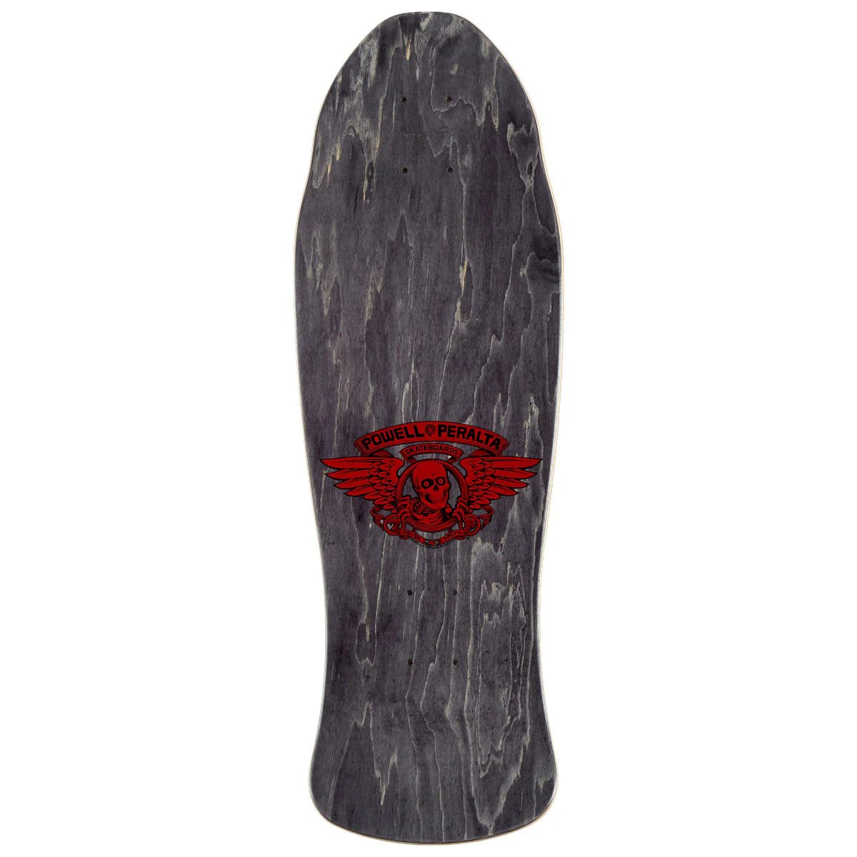 A dark gray wood-grain skateboard deck with a red Powell Peralta winged skull logo in the center, shown against a plain white background.