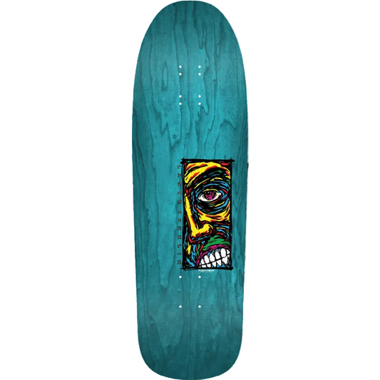 Teal skateboard deck with a colorful face design on a white background