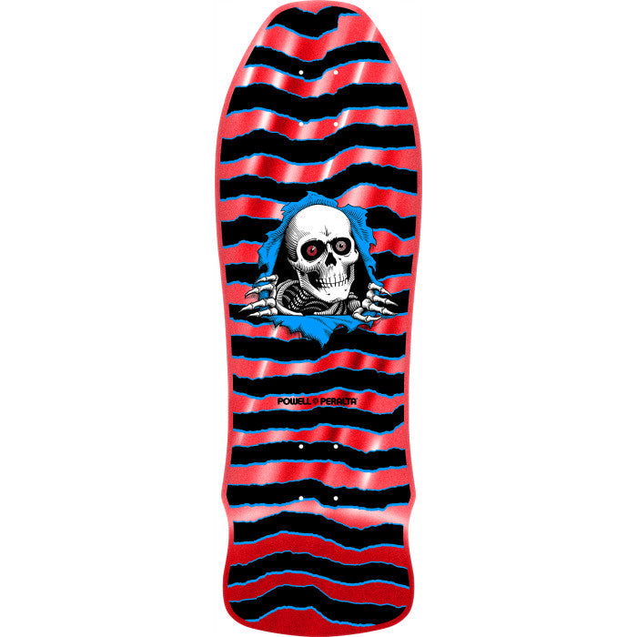 Skateboard deck with red and black wavy pattern and skull design, featuring Powell Peralta logo.