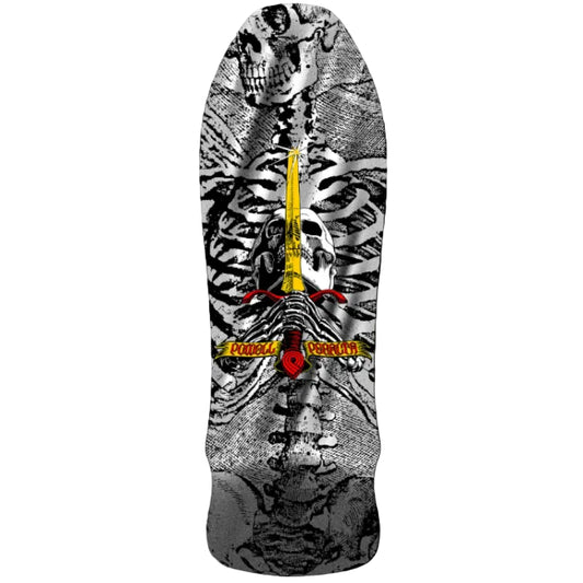 Skateboard deck with skeleton design and Powell Peralta logo