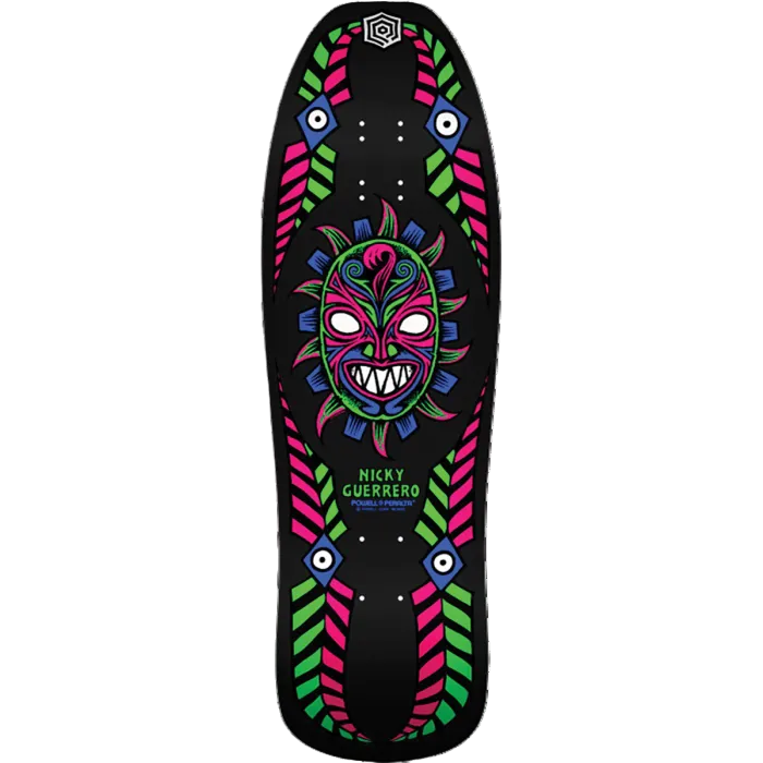 Skateboard deck with colorful mask design and 'Nicky Guerrero' branding on a white background