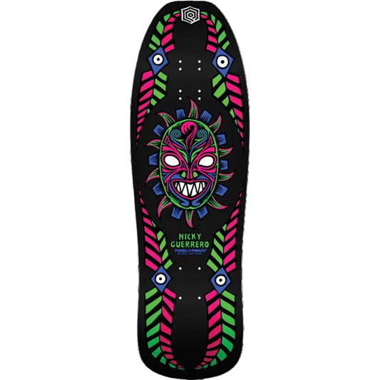 Skateboard deck with colorful mask design and 'Nicky Guerrero' branding on a white background