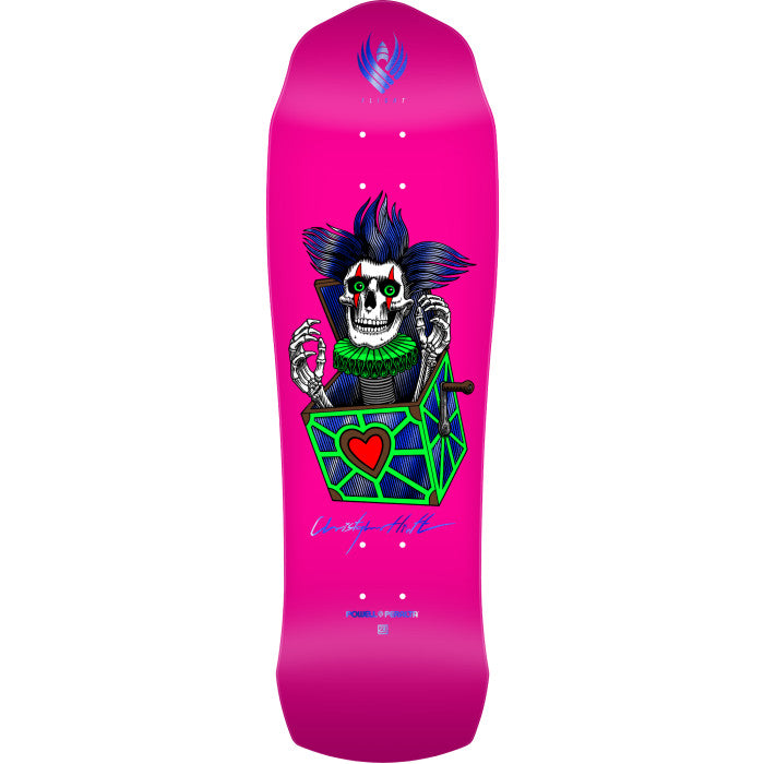 Pink skateboard deck with a colorful skeleton design on a white background