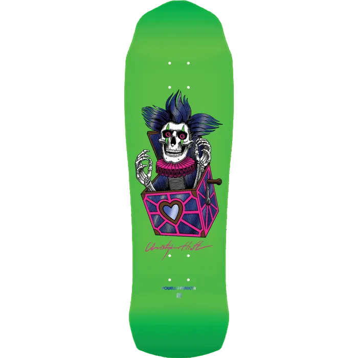 Skateboard deck with a colorful skeleton design on a green background