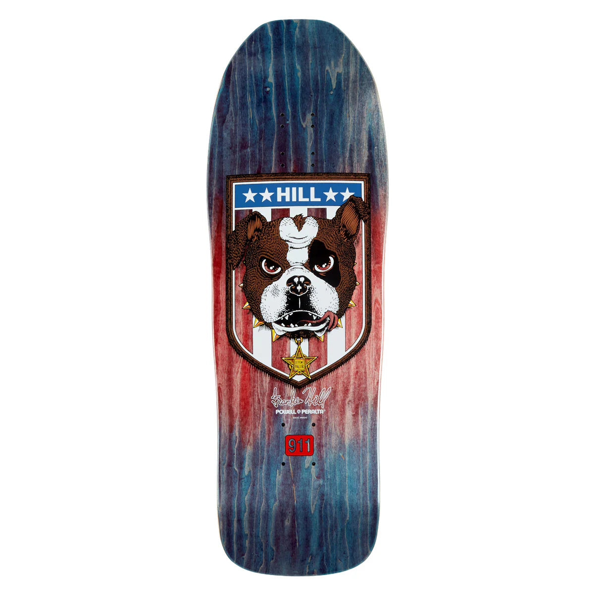 Skateboard deck with a dog graphic and 'Hill' branding on a white background