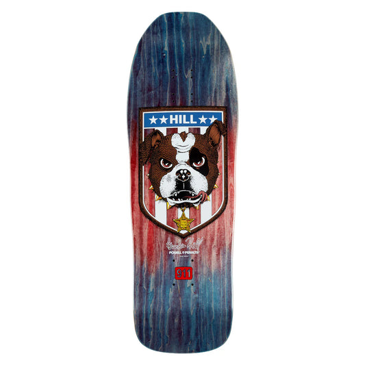 Skateboard deck with a dog graphic and 'Hill' branding on a white background
