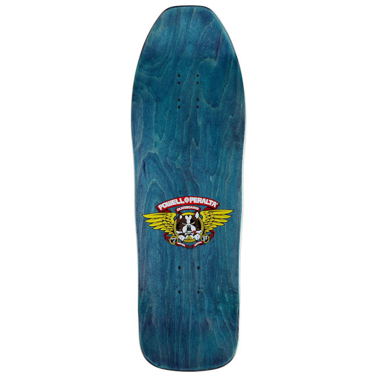 Blue skateboard deck with a Powell Peralta logo on a white background