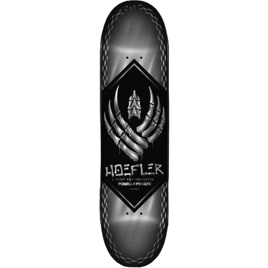 Skateboard deck with a black and silver design featuring the brand 'Hoeffler'.