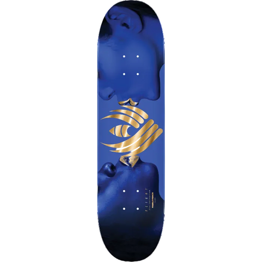 Blue skateboard deck with gold design on a white background