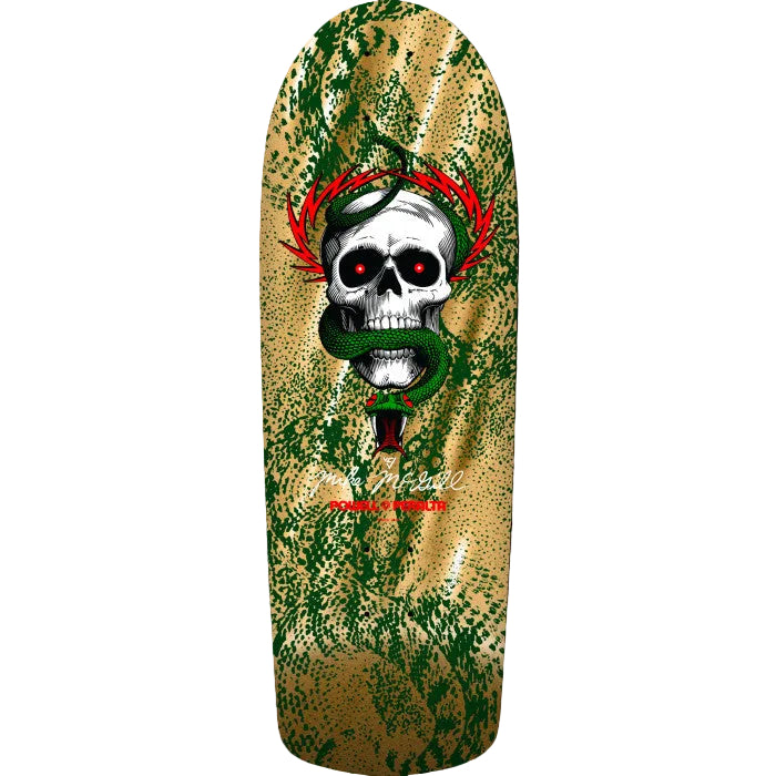 Skateboard deck with a skull and snake design on a black background