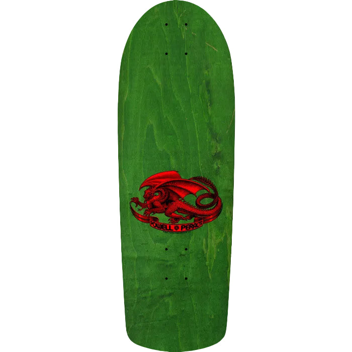 Green skateboard deck with a red dragon design on a white background