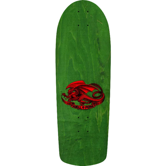 Green skateboard deck with a red dragon design on a white background