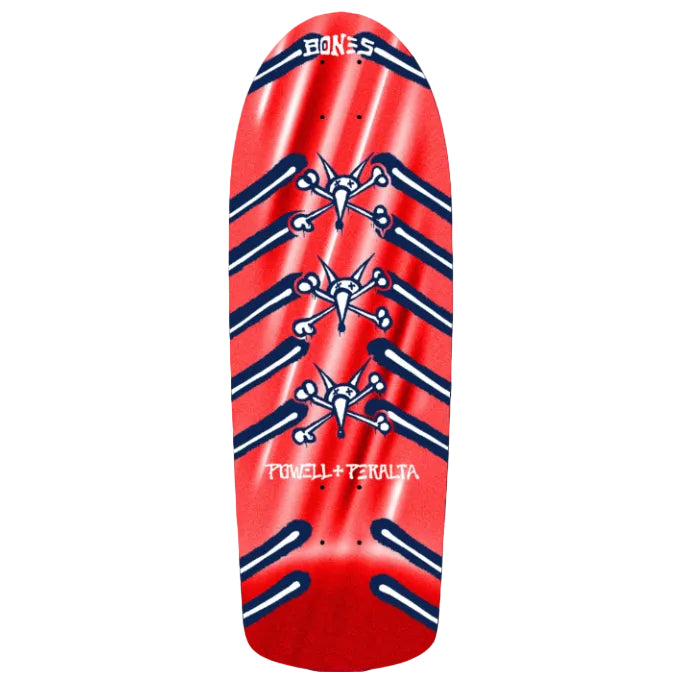 Red skateboard deck with black and white graphics and 'Bones' branding.