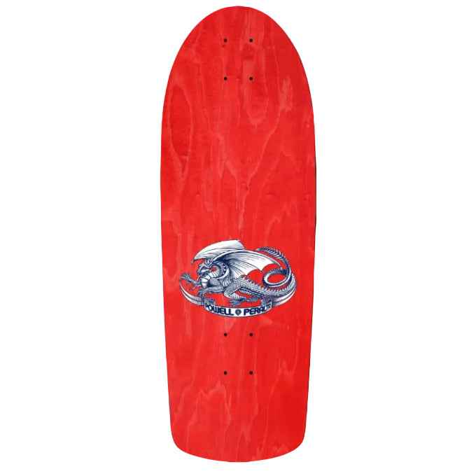 Red skateboard deck with a dragon logo and text on a white background