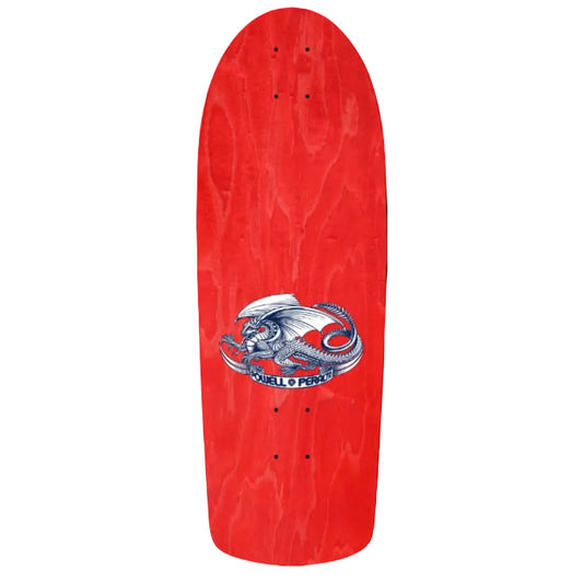 Red skateboard deck with a dragon logo and text on a white background