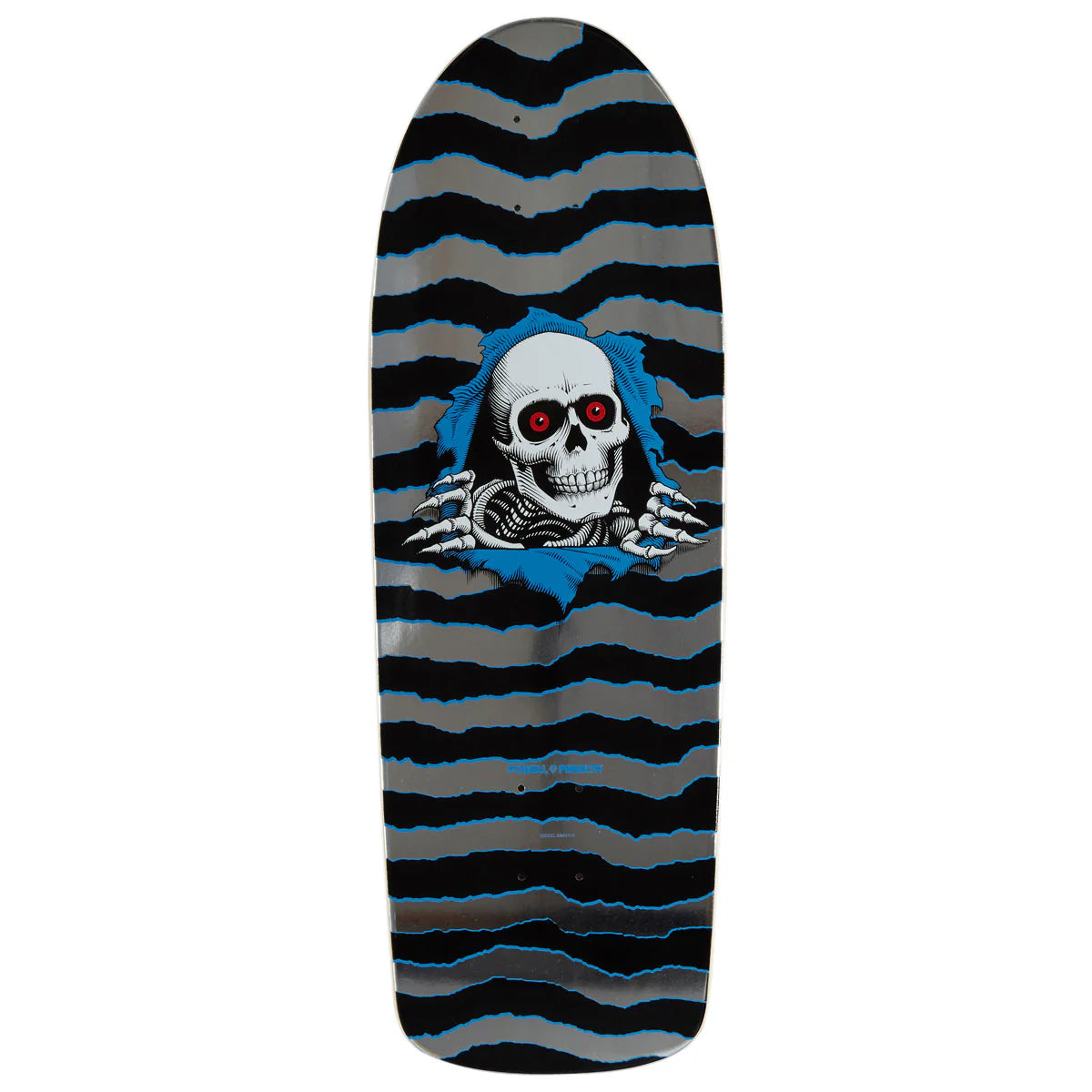 Skateboard deck with a skeleton design on a black, gray, and blue striped background
