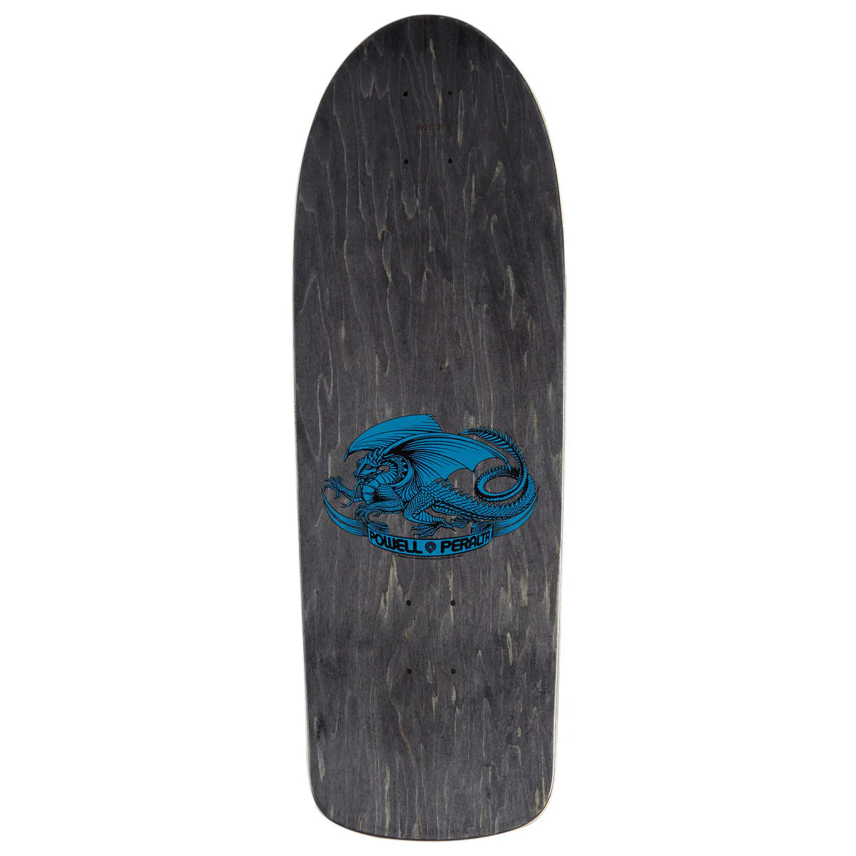 Skateboard deck with a blue dragon logo on a white background