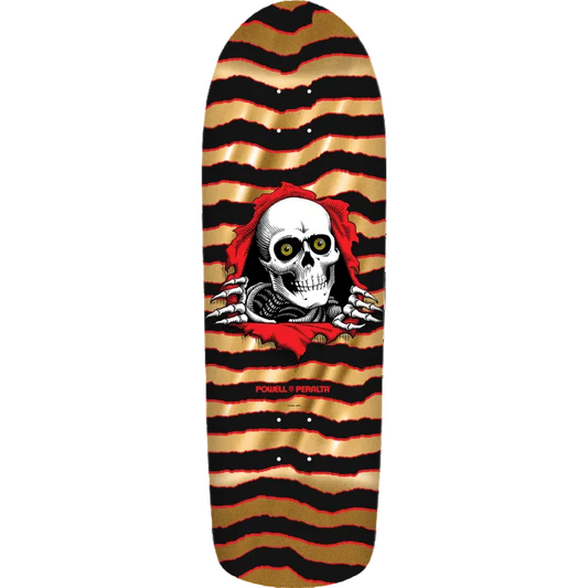 Skateboard deck with a skull design and red hood on a striped background
