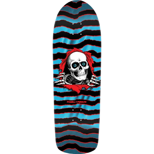 Skateboard deck with a skull design on a striped background