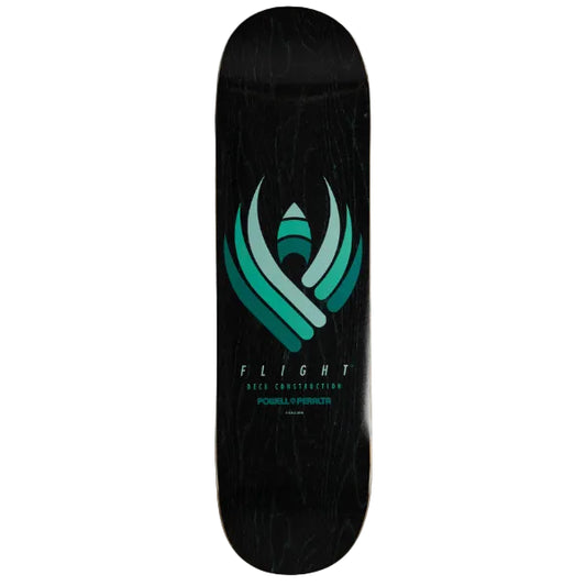 Black skateboard deck with green and white logo and text on a white background