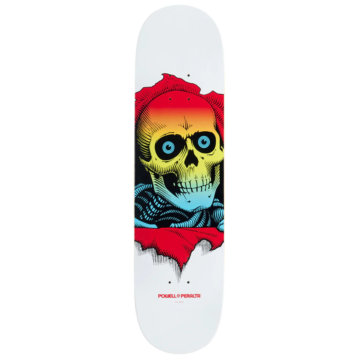 Skateboard deck with a colorful skull design on a white background
