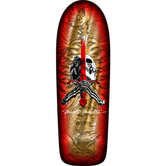 Skateboard deck with red and black design featuring a skull and crossbones on a white background
