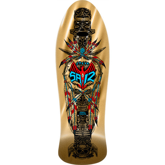 Gold skateboard deck with intricate black and red designs on a white background