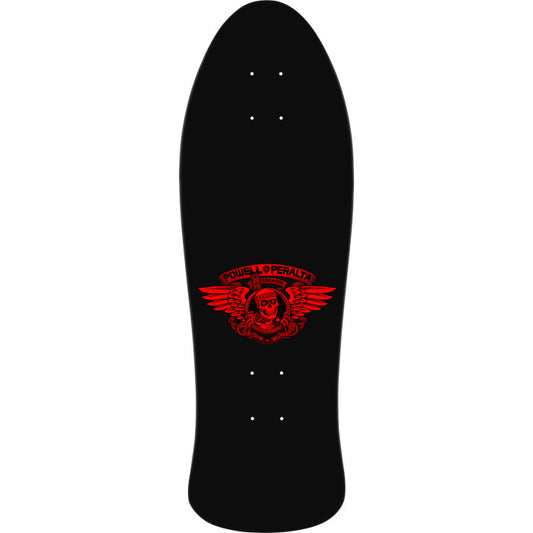 Black skateboard deck with red graphic design on a white background