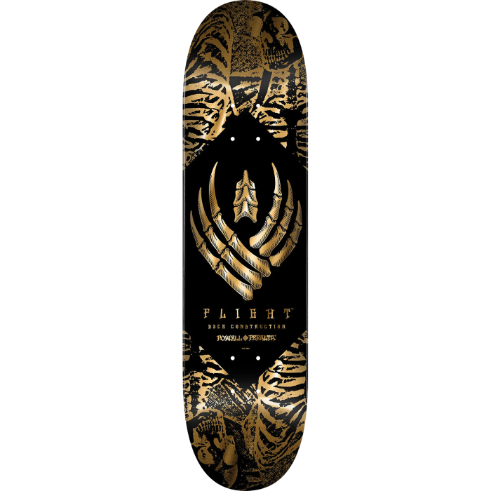 Skateboard deck with black and gold design on a white background