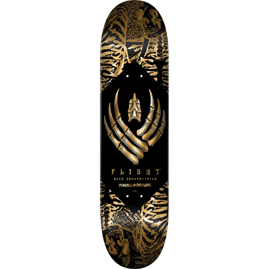 Skateboard deck with black and gold design on a white background
