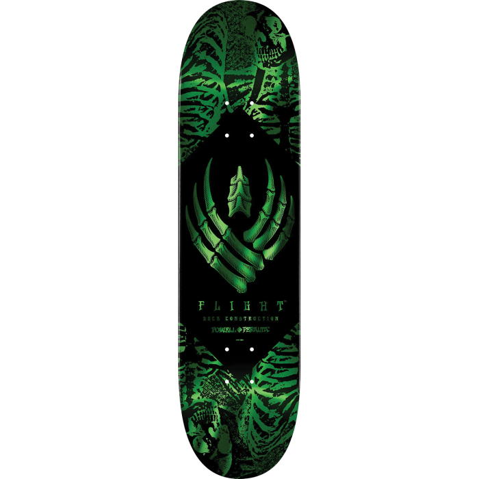 Skateboard deck with green and black tiger stripe design on a white background