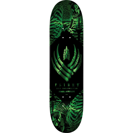 Skateboard deck with green and black tiger stripe design on a white background