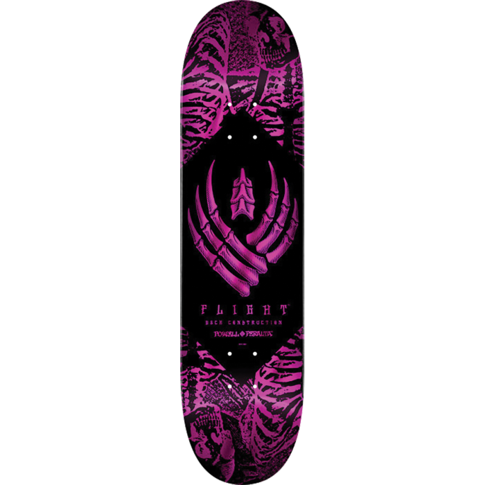 Skateboard deck with pink and black design on a white background