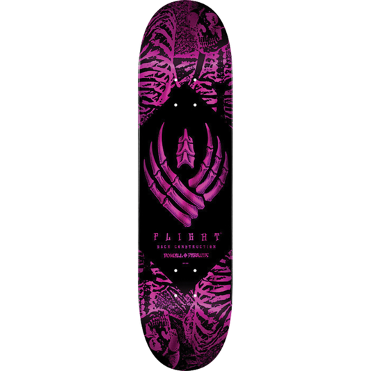Skateboard deck with pink and black design on a white background