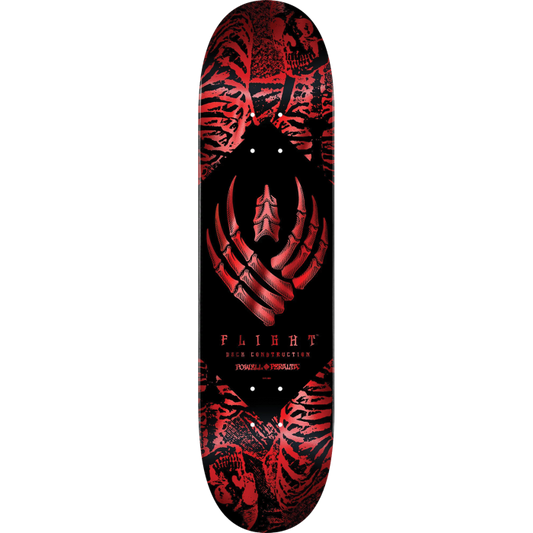 Skateboard deck with red and black design on a white background