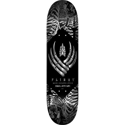Black and white skateboard deck with intricate designs and 'Flight' branding on a white background