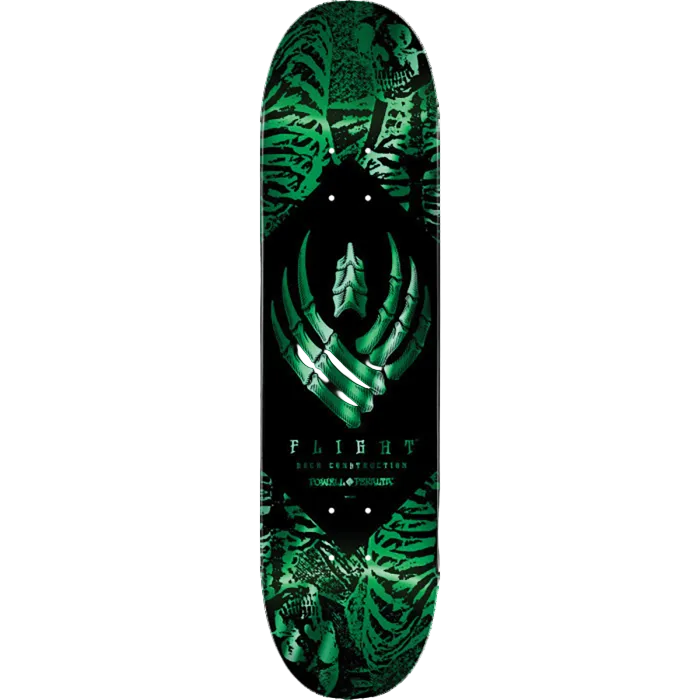 Skateboard deck with green and black design on a white background