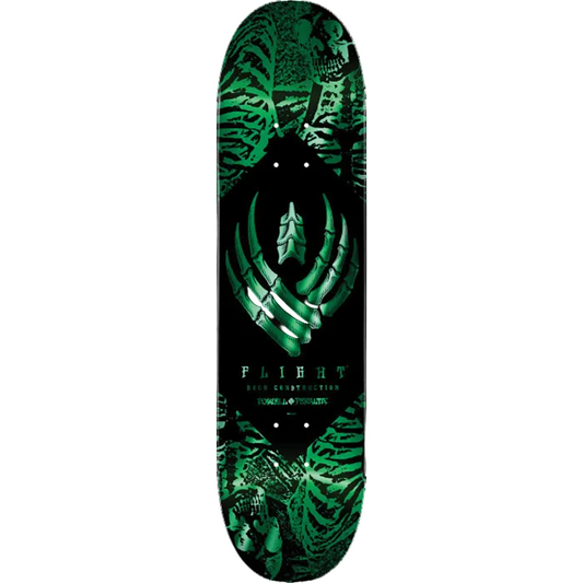 Skateboard deck with green and black design on a white background