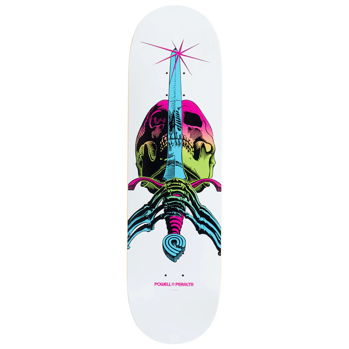 Skateboard deck with colorful skull and crossbones design on a white background