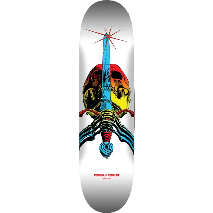 Skateboard deck with colorful design featuring a skull and spear on a white background