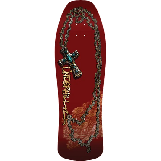 Skateboard deck with a chain and key design on a red background