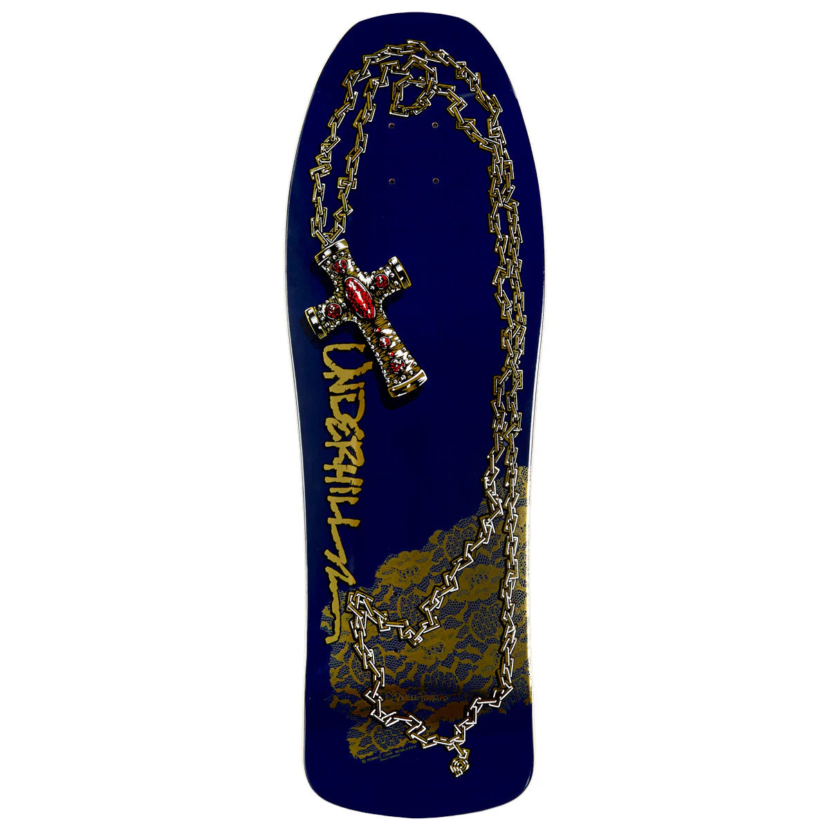 Skateboard deck with cross and chain design on a blue background