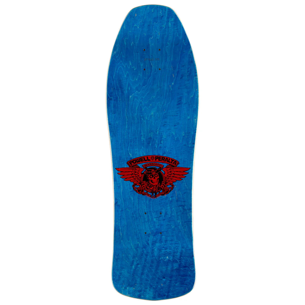 A blue skateboard deck with a red and black Mitchell & Ness winged skull graphic in the center, shown against a plain white background.