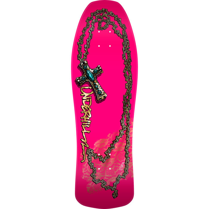 Pink skateboard deck with decorative chain and 'Underhill' branding on a white background
