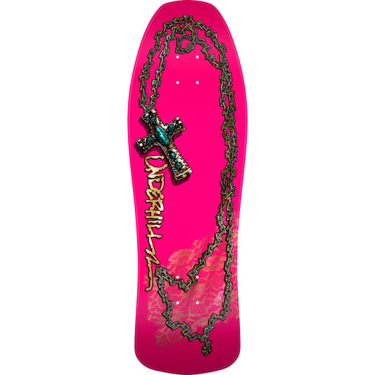 Pink skateboard deck with decorative chain and 'Underhill' branding on a white background