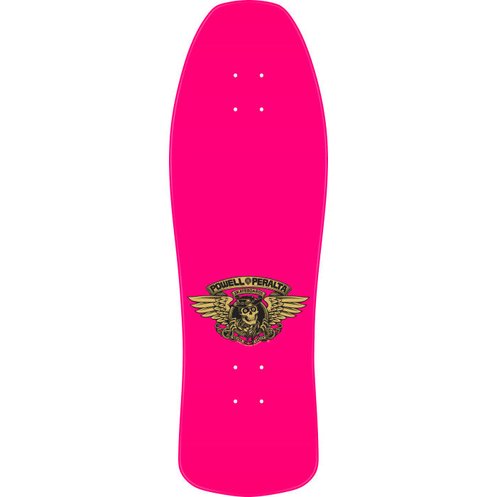 Pink skateboard deck with a logo on a white background