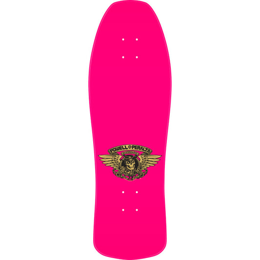 Pink skateboard deck with a logo on a white background