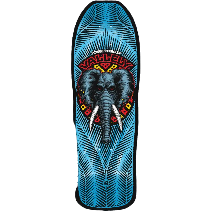 Skateboard deck with elephant design and Powell Peralta logo on a blue and black background